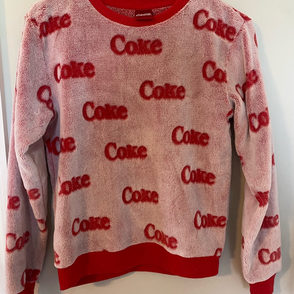 Vintage Coca Cola Women's Red and Gray Fuzzy Sweatshirt Size XS